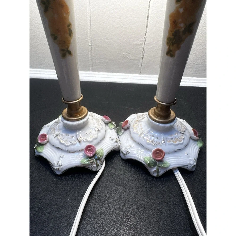 Vintage Porcelain Boudoir Table Lamps Floral Rose Gold Accent Pair Working